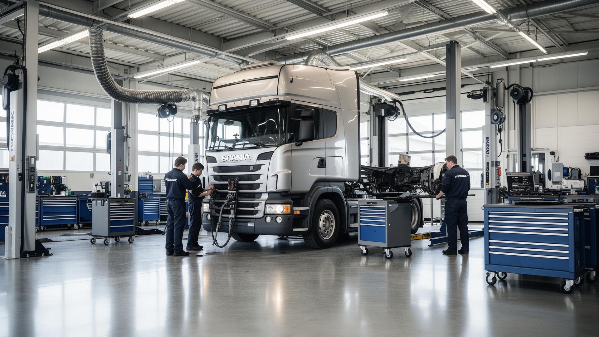 Heavy-vehicle workshop with technicians servicing a truck on column lifts